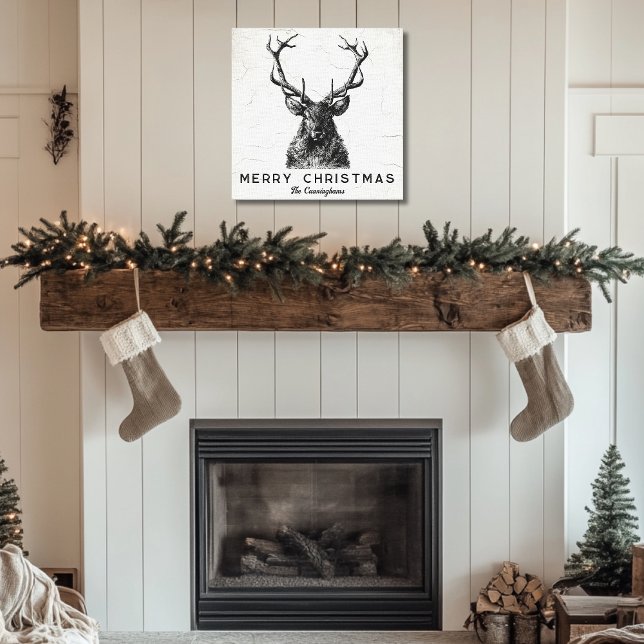 Lienzo Monograma de Navidades de ciervos blancos rusos (Rustic Black White Deer Christmas Monogram Canvas Print)
