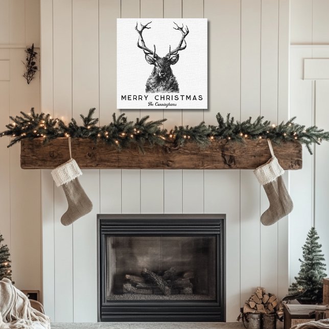 Lienzo Monograma de Navidades de ciervos blancos rusos (Rustic Black White Deer Christmas Monogram Canvas Print)