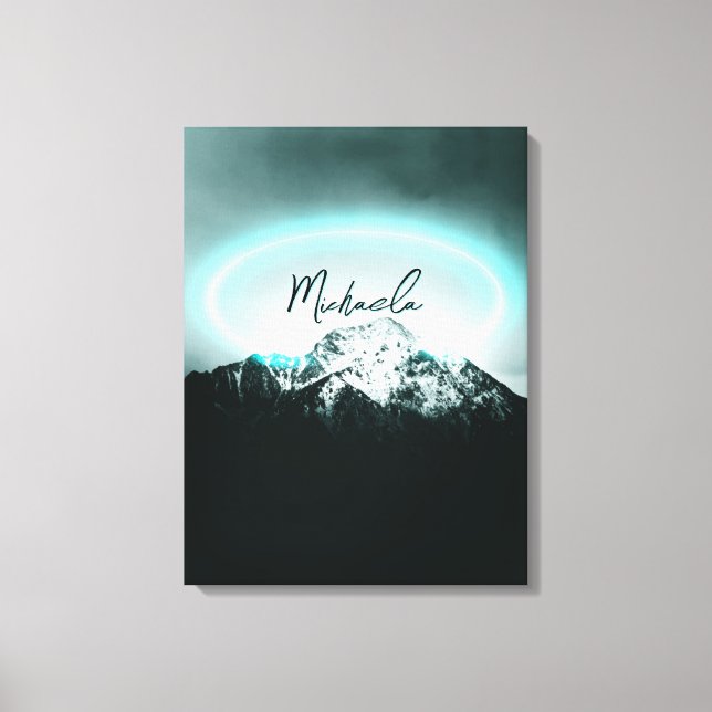 Lienzo Monograma misterioso de neón azul de montaña nevad (Anverso)