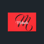 Lienzo Monograma moderno minimalista nombre inicial rojo<br><div class="desc">Monograma moderno minimalista nombre inicial blanco negro. Nombre personalizado personalizable con una inicial cursiva detrás en un color rojo.</div>