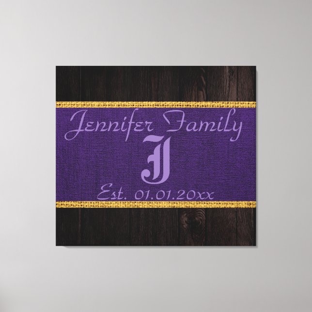 Lienzo Monograma Rústico Morado Burlap Linaje Aspecto Mad (Anverso)