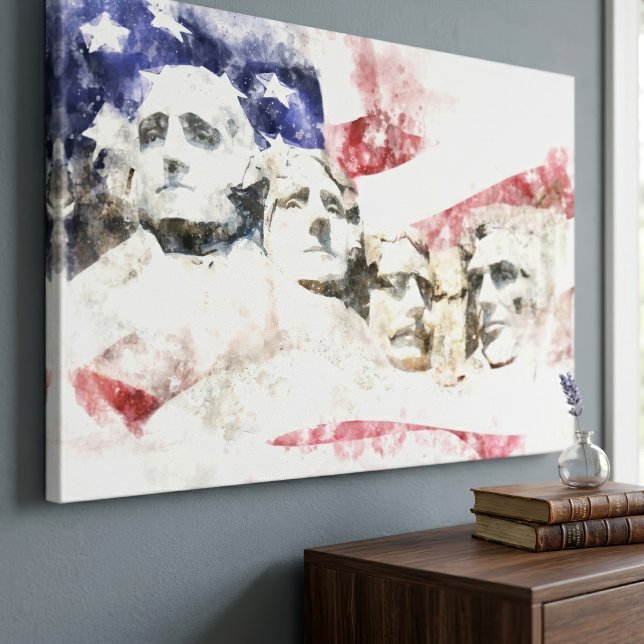 Lienzo Monte Rushmore Acuarela con Bandera Americana (Mount Rushmore Watercolor with American Flag. Canvas Print)