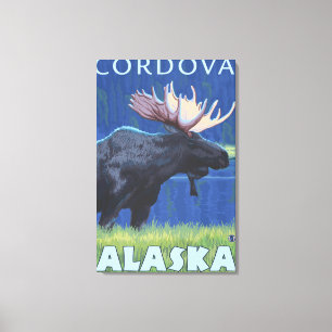 Lienzo Moose en la noche - Córdova, Alaska