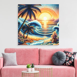 Lienzo Mosaic Ai Art   Atardecer oceánico y palmeras