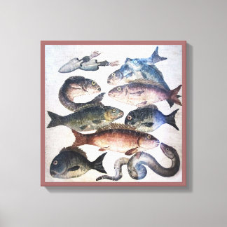 LIENZO MOSAICOS ROMANOS ANTIGUOS, PESCADOS, ESCENA DE VID