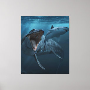 Lienzo Mosasaurus persiguiendo al tiburón