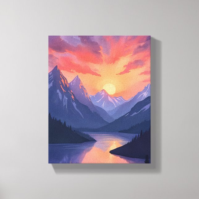 Lienzo Mountain Range Sunset | Watercolor Lake Landscape (Anverso)