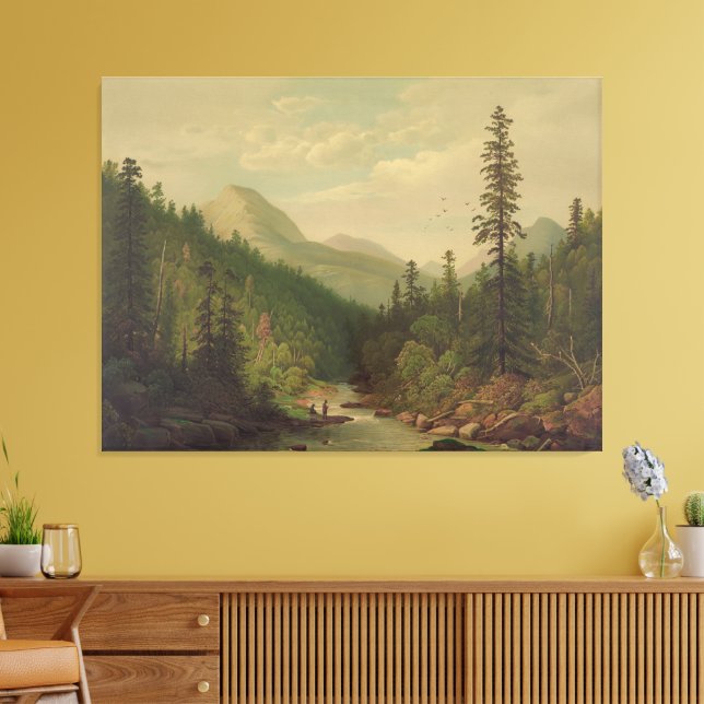 Lienzo  Mountain scene, 2 men, 1 fishing (Insitu (Sala de estar))
