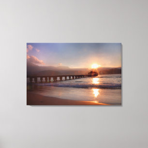 Lienzo Muelle de playa al atardecer, Hawaii