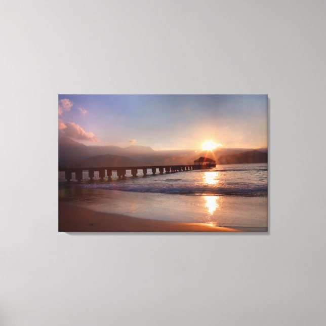 Lienzo Muelle de playa al atardecer, Hawaii (Anverso)
