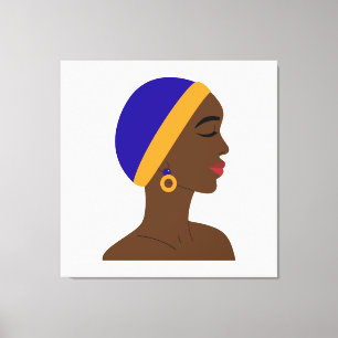 Lienzo Mujer africana de perfil con gorro azul y amarillo