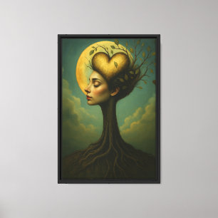 Lienzo Mujer árbol con cabeza cardíaca y raíces