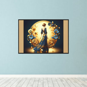 Lienzo Mujer Art Déco Elegante Dorado y Azul