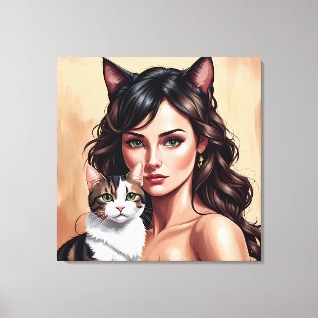 Lienzo Mujer artística con gato (Anverso)