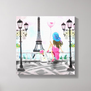 Lienzo Mujer: Ballon Paris Canvas Imprimir Torre Eiffel