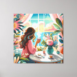 Lienzo mujer bebiendo café