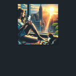 Lienzo Mujer bebiendo café al amanecer en la ciudad<br><div class="desc">Mujer de arte pop estilo libro de historietas de bonito mirando por la ventana de su ciudad tomando café,  viendo la puesta de sol con su gato.</div>