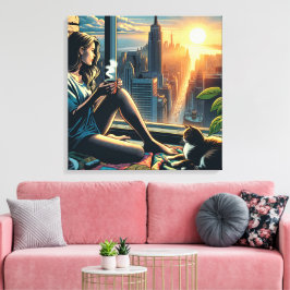 Lienzo Mujer bebiendo café al amanecer en la ciudad