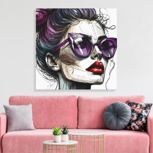 Lienzo Mujer bonito con gafas de sol y pintalabios morado