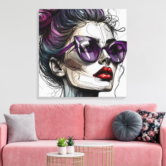 Lienzo Mujer bonito con gafas de sol y pintalabios morado (Insitu (Sala de estar))