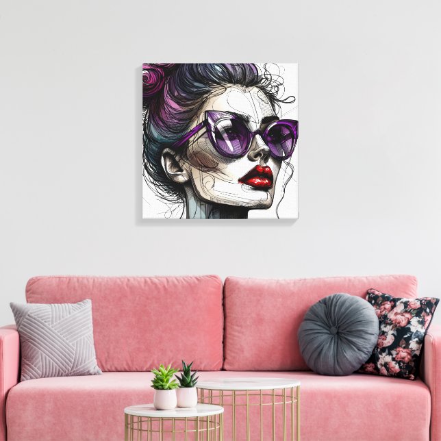 Lienzo Mujer bonito con gafas de sol y pintalabios morado (Insitu (Sala de estar))