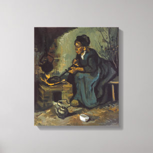 Lienzo Mujer campesina que cocina por una chimenea