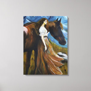 Lienzo Mujer con caballo en paisaje montañoso Pintura al