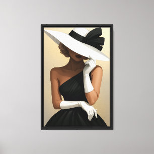 Lienzo Mujer con estilo vestida de negro y Gorra blanco