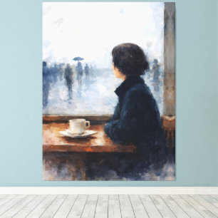 Lienzo Mujer Contemplativa Ventana de Café Lluvioso Aquar