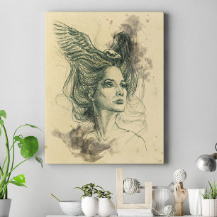 Lienzo Mujer de fantasía retrato Cráneo de pájaro Alas Su