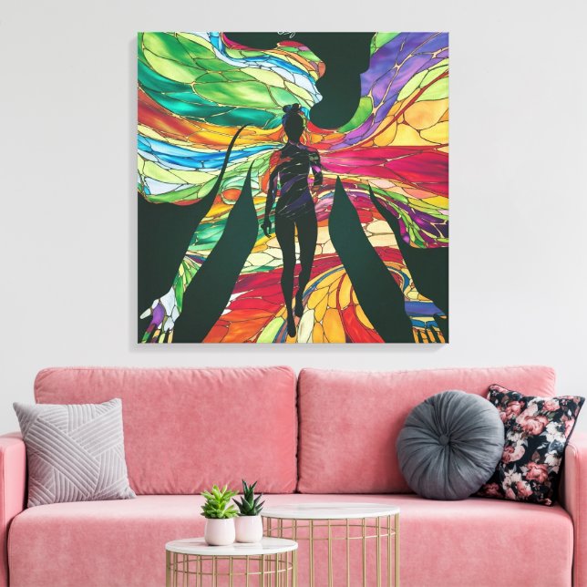 Lienzo Mujer de vidrio manchado con traje verde vibrante  (Insitu (Sala de estar))