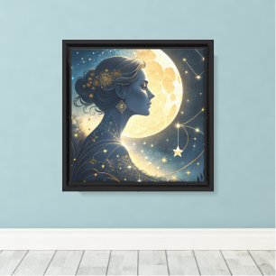 Lienzo Mujer elegante bajo la luna y las estrellas dorada