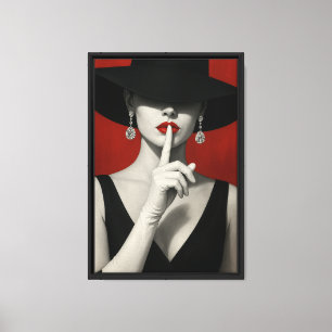 Lienzo Mujer elegante con labios rojos Gorra negro