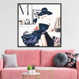 Lienzo Mujer elegante en vestido negro sin tirantes
