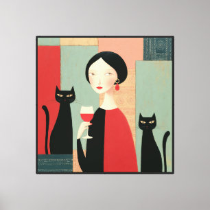 Lienzo Mujer elegante gatos negros y vino