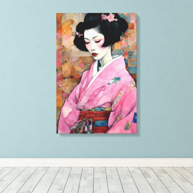 Lienzo Mujer en Kimono Rosa (Insitu (piso de madera))