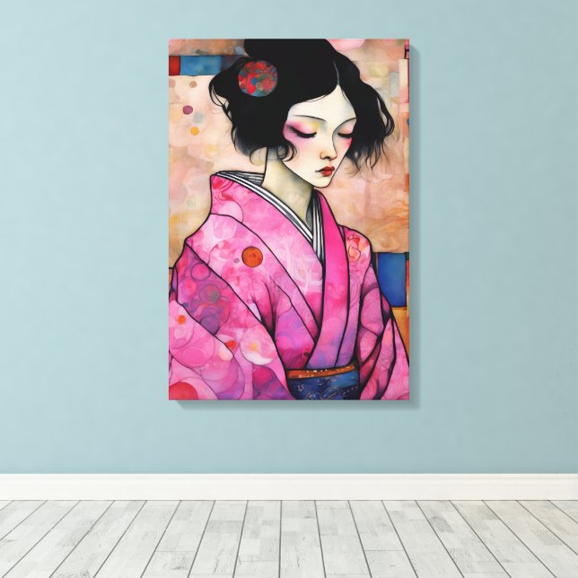 Lienzo Mujer en Kimono Rosa (Insitu (piso de madera))