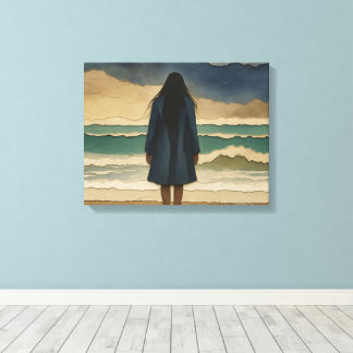 Lienzo Mujer en la playa mirando hacia el mar