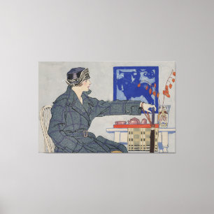 Lienzo Mujer en un café con pintura de época de paraguas