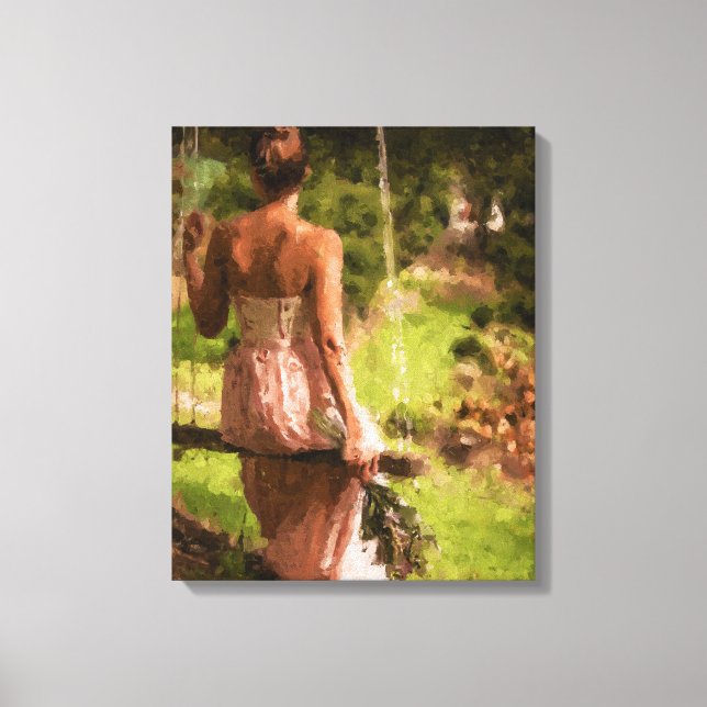 Lienzo Mujer en un columpio con flores (Anverso)
