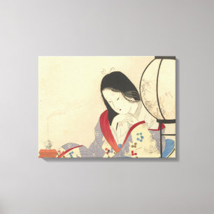 Lienzo Mujer en un interior por una lámpara el  