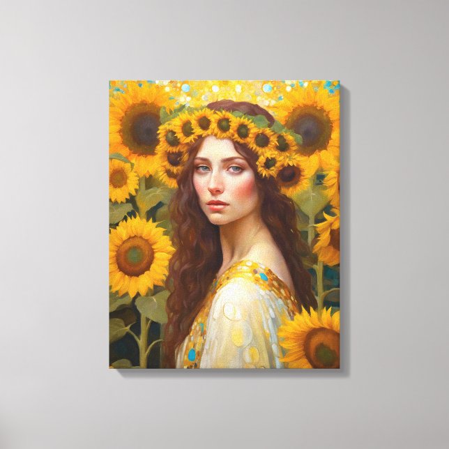 Lienzo Mujer girasol con corona de pelo (Anverso)