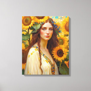 Lienzo Mujer girasol con guirnalda de pelo florido