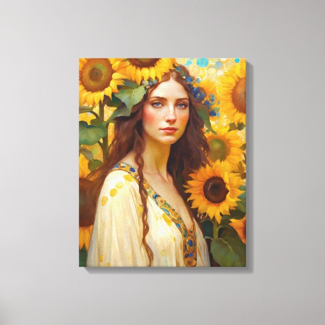 Lienzo Mujer girasol con guirnalda de pelo florido (Anverso)