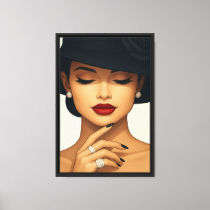 Lienzo Mujer glamurosa con labios rojos y Gorra negro