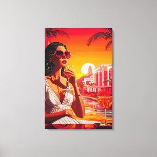 Lienzo Mujer Glamurosa del Pop Art al Atardecer con Vino