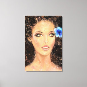 Lienzo Mujer Hermosa con Flor Azul - Pintura Original