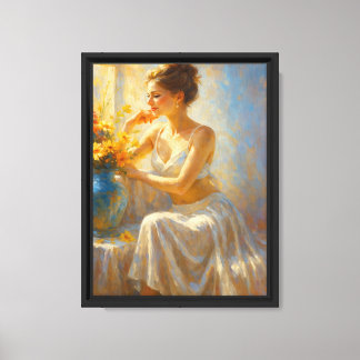 Lienzo Mujer iluminada por el sol con flores en suave ele