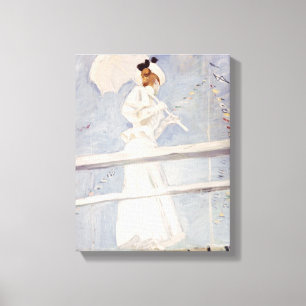 Lienzo Mujer joven con un parasol en un embarcadero