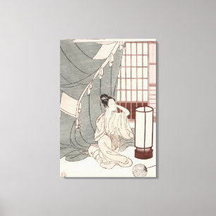 Lienzo Mujer joven que se arrodilla por su red de